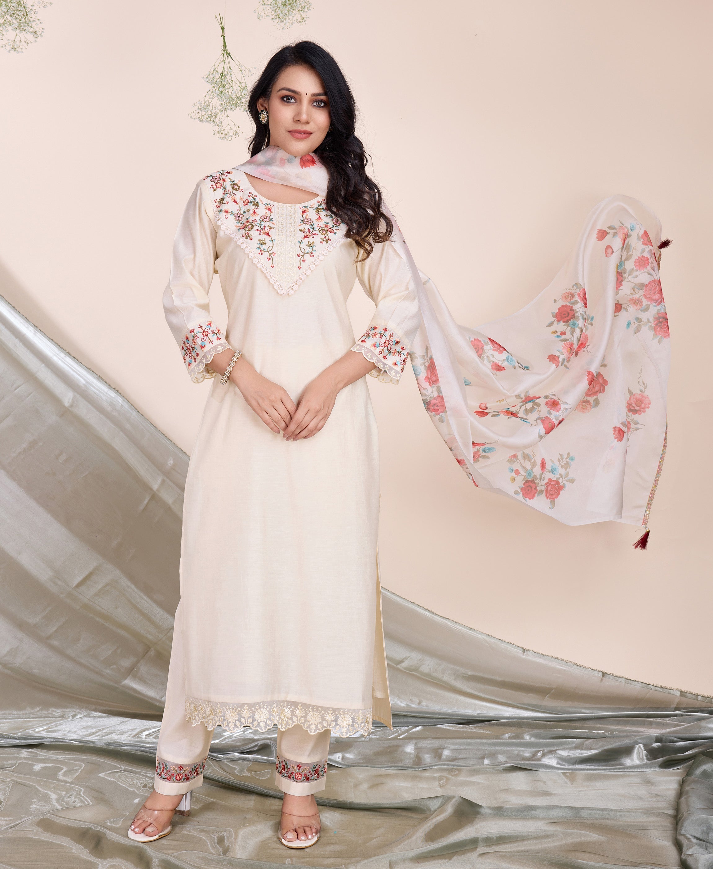 Cream Viscose Silk Floral Embroidered Straight Kurti Set